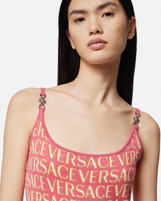 Versace ropa mujer vestido midi de punto integral 6BPV24 rosa y blanco
