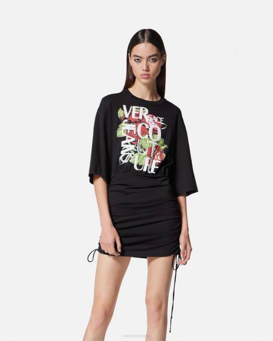 Versace ropa mujer vestido tipo camiseta con cordones y logo de rosas 6BPV2161 negro