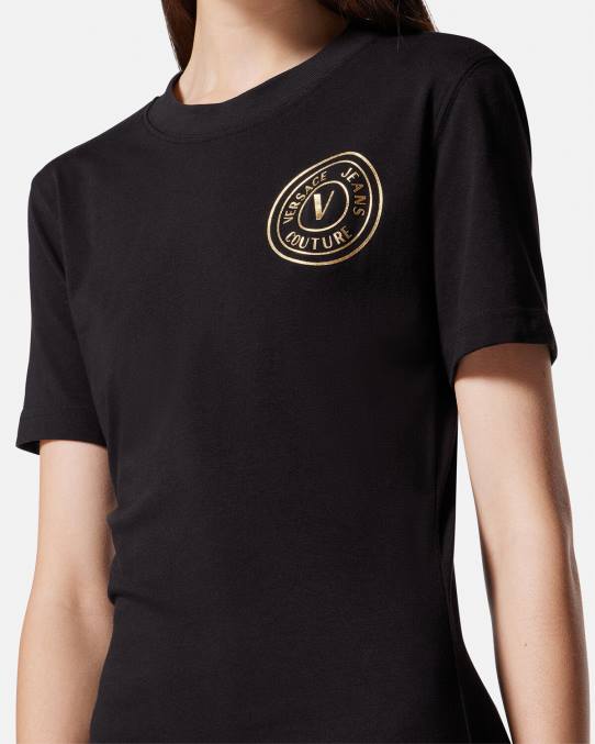 Versace ropa mujer vestido tipo camiseta con logo y emblema en V 6BPV2144 oro negro