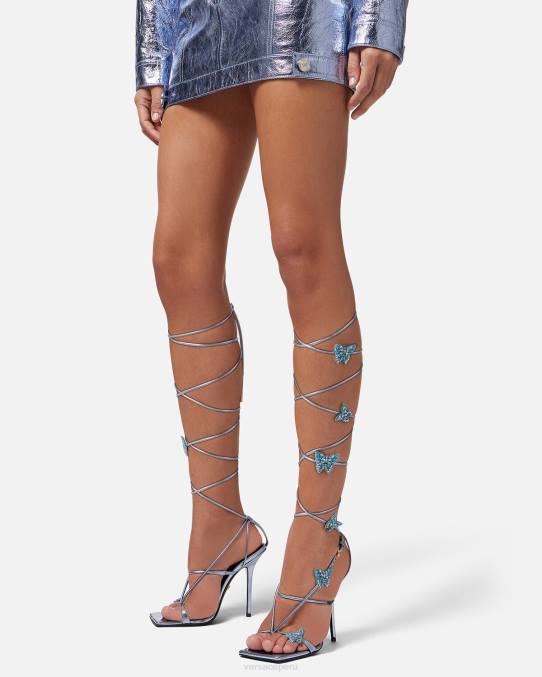 Versace zapato mujer sandalias metalizadas con mariposas de cristal 6BPV433 azul claro