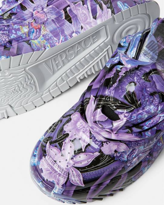 Versace zapato mujer zapatillas odissea con diseño barroco y orquídeas 6BPV512 violeta y estampado