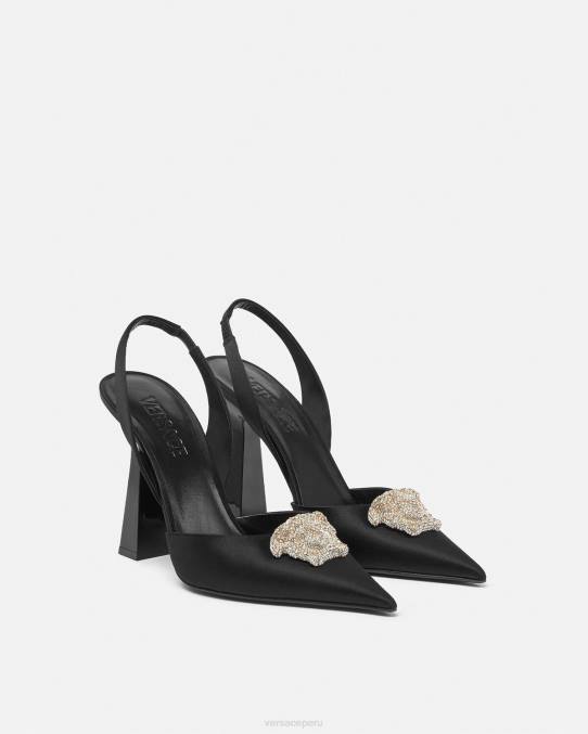 Versace zapato mujer zapatos de tacón con tira trasera de raso la medusa con cristales 6BPV486 negro