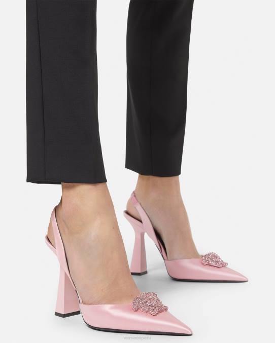 Versace zapato mujer zapatos de tacón con tira trasera de raso la medusa con cristales 6BPV487 Rosa claro