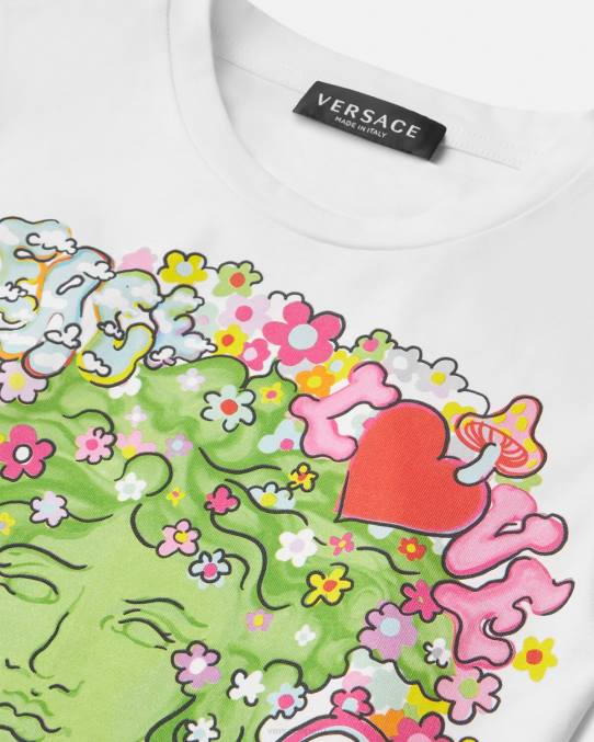 Versace ropa niños camiseta medusa \"paz y amor\" 6BPV2002 blanco y estampado