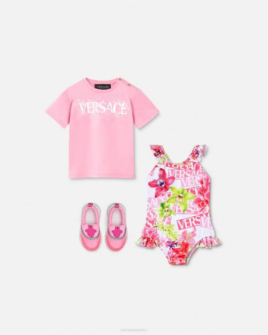 Versace ropa niños bañador de bebé con logo y orquídeas 6BPV1865 blanco y estampado